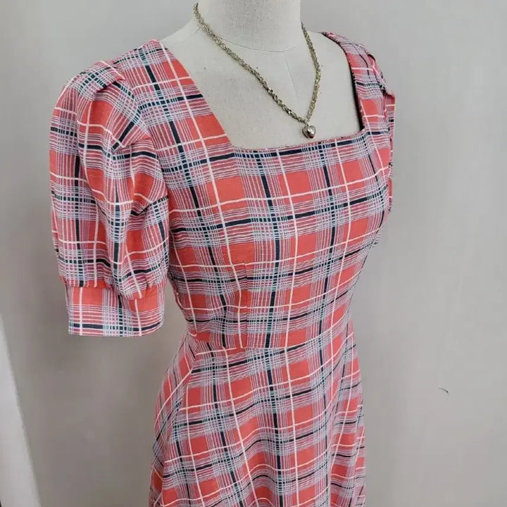 [BUNJANG] A-Line Square Neck Checkered Summer Long Dress / 스퀘어넥 플레어 A라인 여름 반팔 체크 롱원피스ㅡ무배