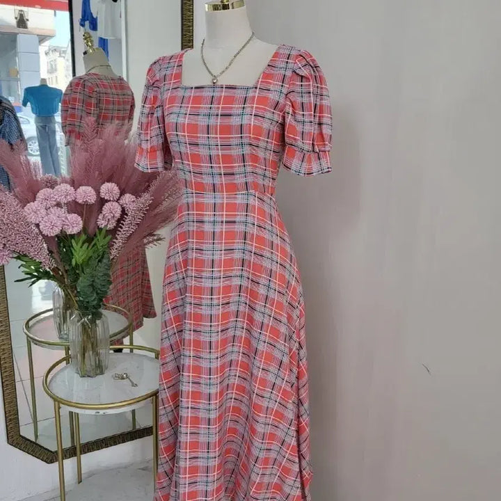 [BUNJANG] A-Line Square Neck Checkered Summer Long Dress / 스퀘어넥 플레어 A라인 여름 반팔 체크 롱원피스ㅡ무배