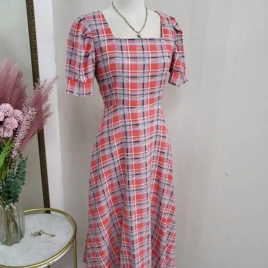 [BUNJANG] A-Line Square Neck Checkered Summer Long Dress / 스퀘어넥 플레어 A라인 여름 반팔 체크 롱원피스ㅡ무배