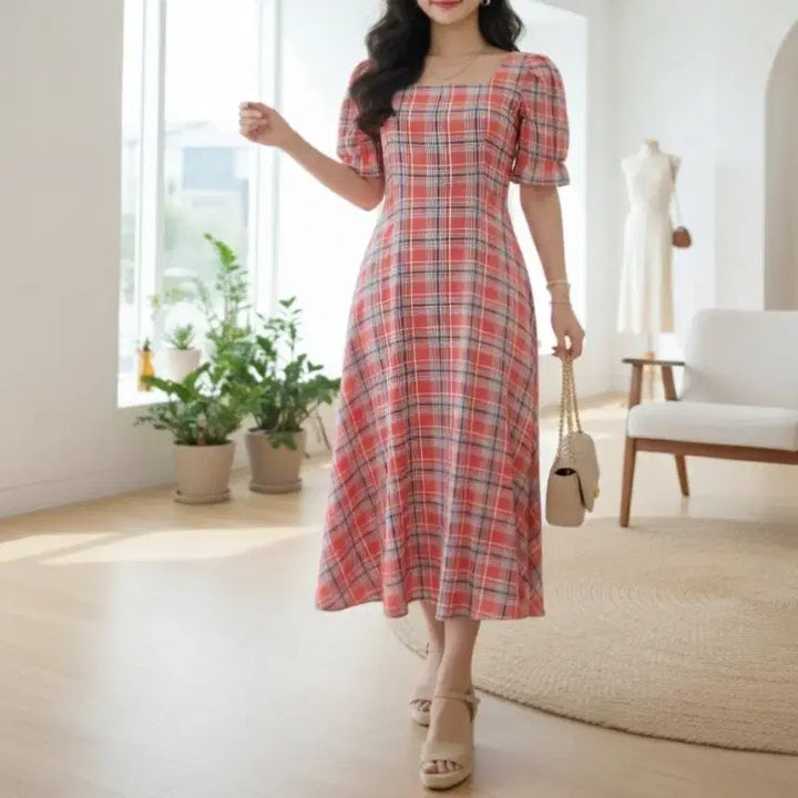 [BUNJANG] A-Line Square Neck Checkered Summer Long Dress / 스퀘어넥 플레어 A라인 여름 반팔 체크 롱원피스ㅡ무배