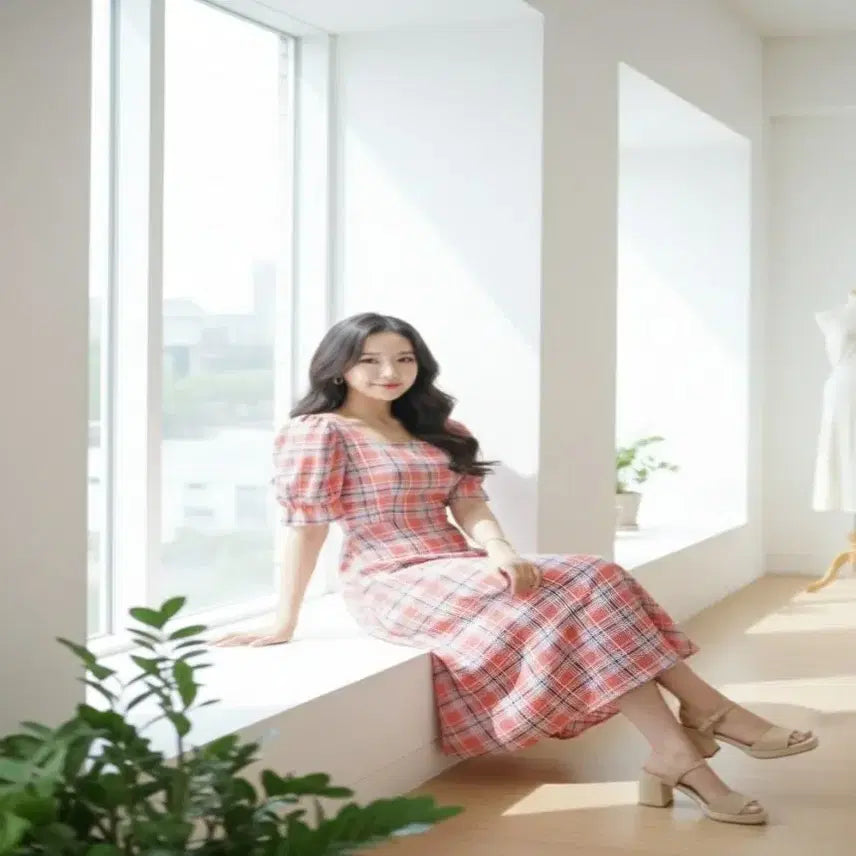 [BUNJANG] A-Line Square Neck Checkered Summer Long Dress / 스퀘어넥 플레어 A라인 여름 반팔 체크 롱원피스ㅡ무배