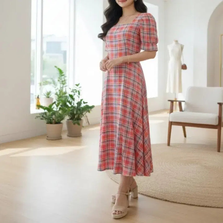 [BUNJANG] A-Line Square Neck Checkered Summer Long Dress / 스퀘어넥 플레어 A라인 여름 반팔 체크 롱원피스ㅡ무배