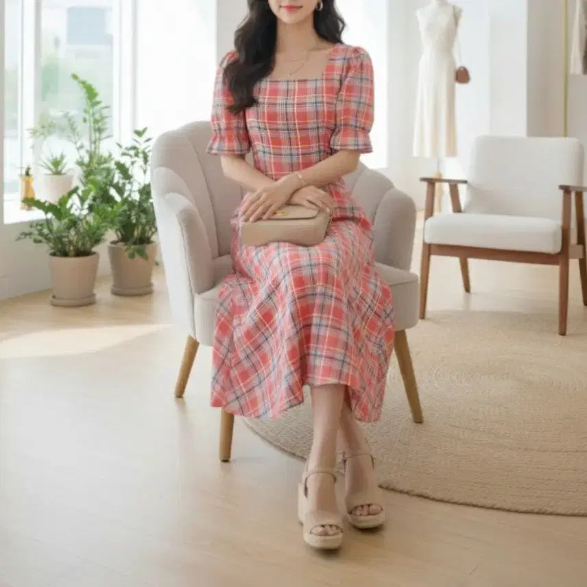[BUNJANG] A-Line Square Neck Checkered Summer Long Dress / 스퀘어넥 플레어 A라인 여름 반팔 체크 롱원피스ㅡ무배