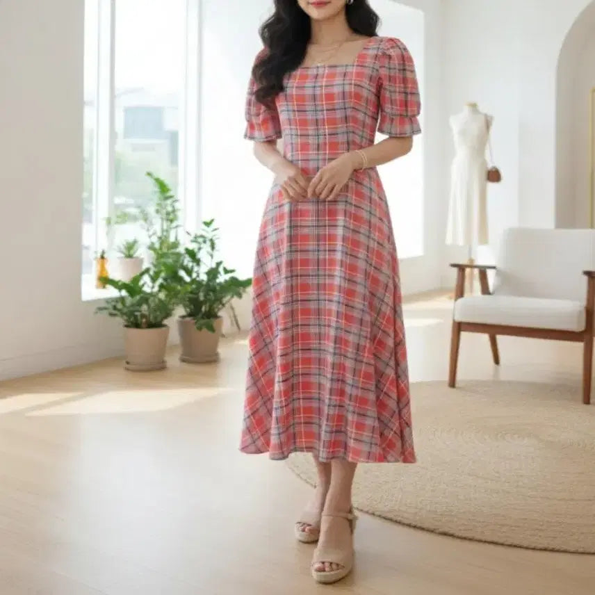 [BUNJANG] A-Line Square Neck Checkered Summer Long Dress / 스퀘어넥 플레어 A라인 여름 반팔 체크 롱원피스ㅡ무배