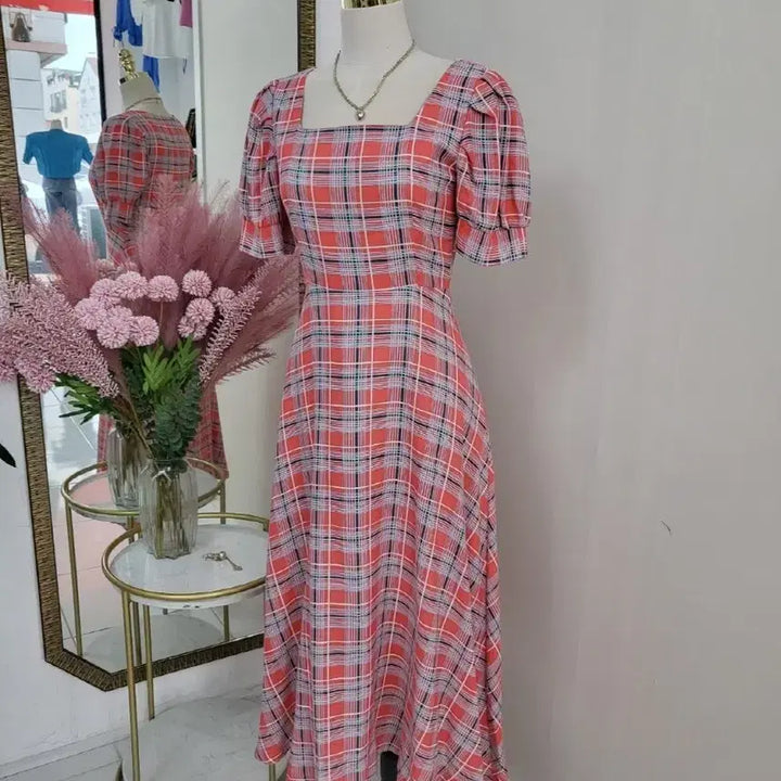 [BUNJANG] A-Line Square Neck Checkered Summer Long Dress / 스퀘어넥 플레어 A라인 여름 반팔 체크 롱원피스ㅡ무배