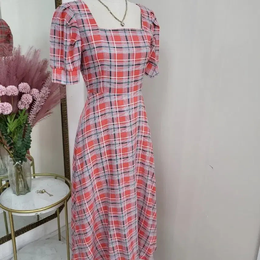 [BUNJANG] A-Line Square Neck Checkered Summer Long Dress / 스퀘어넥 플레어 A라인 여름 반팔 체크 롱원피스ㅡ무배
