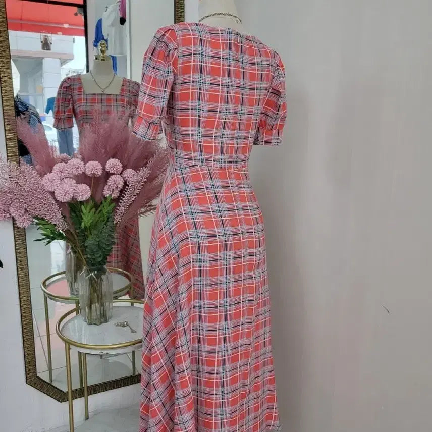 [BUNJANG] A-Line Square Neck Checkered Summer Long Dress / 스퀘어넥 플레어 A라인 여름 반팔 체크 롱원피스ㅡ무배