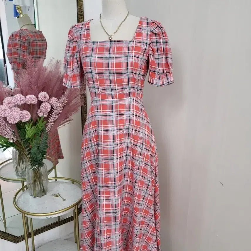 [BUNJANG] A-Line Square Neck Checkered Summer Long Dress / 스퀘어넥 플레어 A라인 여름 반팔 체크 롱원피스ㅡ무배