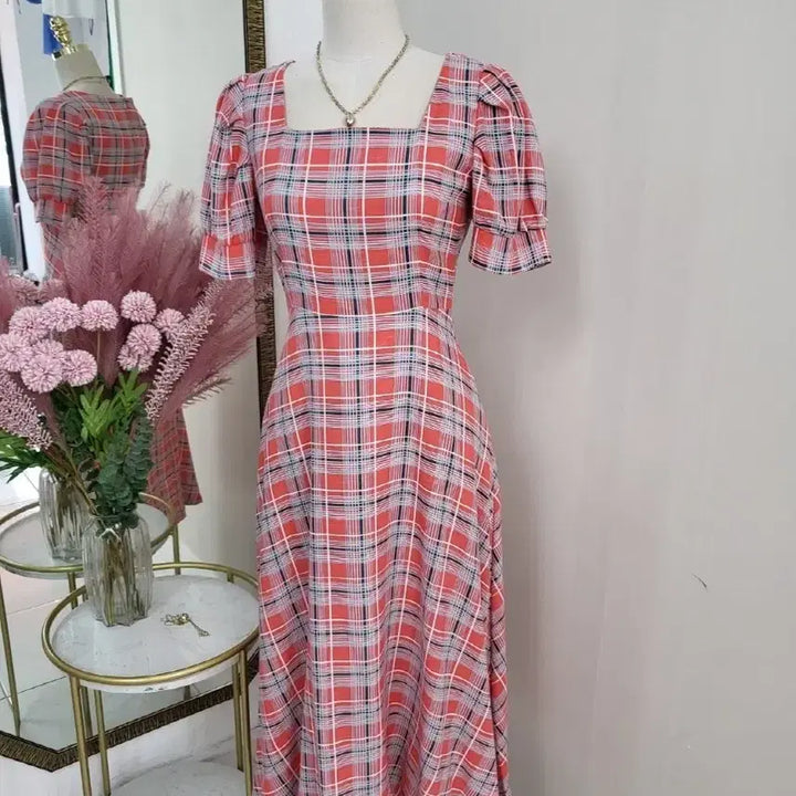 [BUNJANG] A-Line Square Neck Checkered Summer Long Dress / 스퀘어넥 플레어 A라인 여름 반팔 체크 롱원피스ㅡ무배