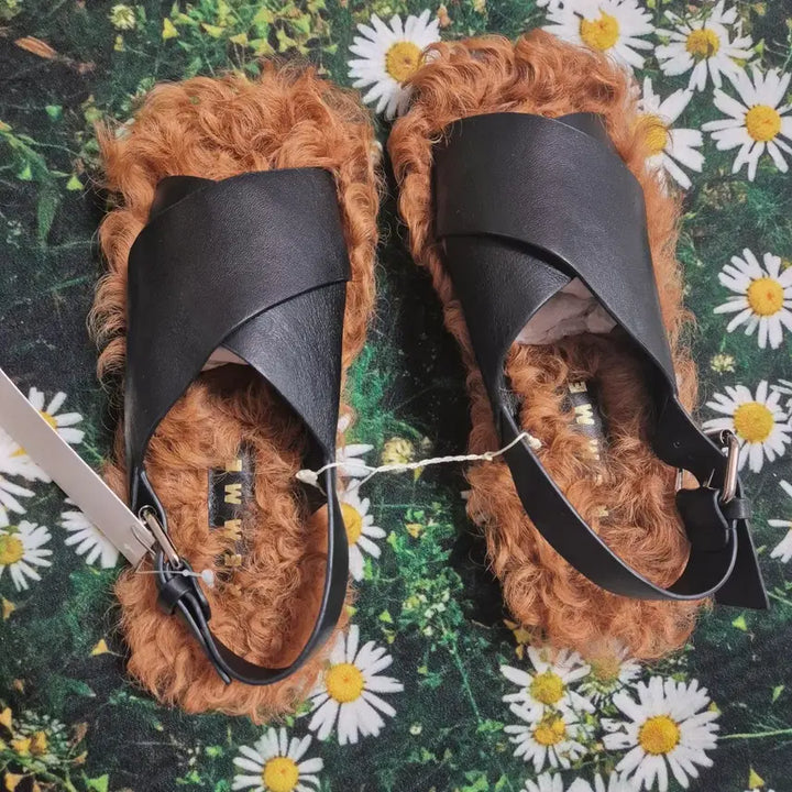 [BUNJANG] REMME Black Leather Fur Sandals / 일본 REMME 블랙 가죽 퍼 샌들 37 새상품