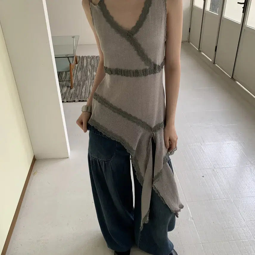 [BUNJANG] DKZ Patchwork Knit Tank Top / DKZ 언발 레이스 레이어링 패치워크 니트 민소매 탑
