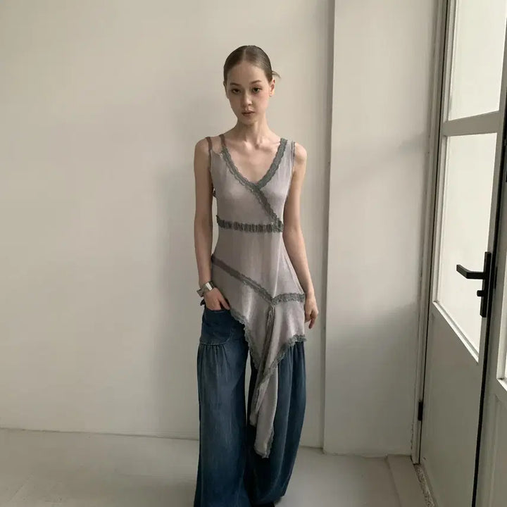 [BUNJANG] DKZ Patchwork Knit Tank Top / DKZ 언발 레이스 레이어링 패치워크 니트 민소매 탑