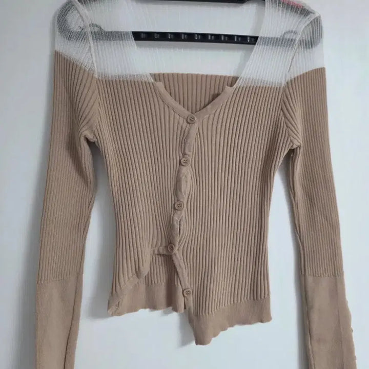 [BUNJANG] Beige Colorblock Ribbed See-Through Cardigan / 수입 베이지 배색 골지 시스루가디건