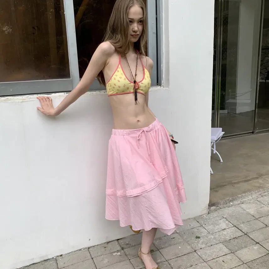 [BUNJANG] DKZ Pink Ribbon Bending Cotton Midi Skirt / DKZ  핑크 리본 밴딩 언발 코튼 미디 스커트