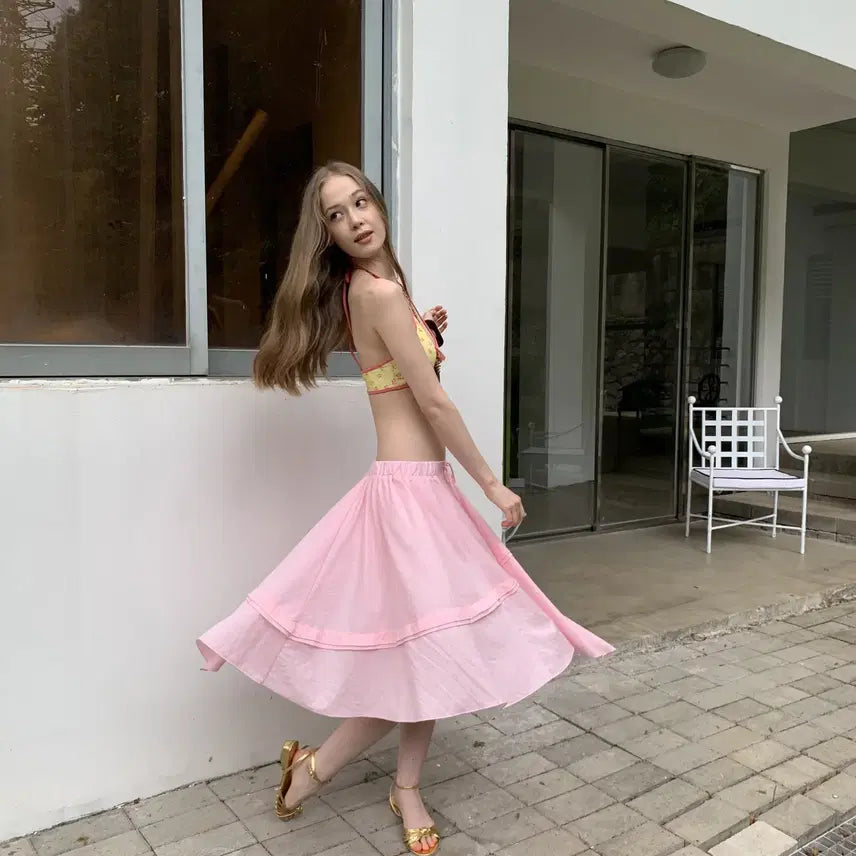 [BUNJANG] DKZ Pink Ribbon Bending Cotton Midi Skirt / DKZ  핑크 리본 밴딩 언발 코튼 미디 스커트