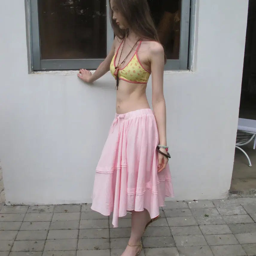[BUNJANG] DKZ Pink Ribbon Bending Cotton Midi Skirt / DKZ  핑크 리본 밴딩 언발 코튼 미디 스커트