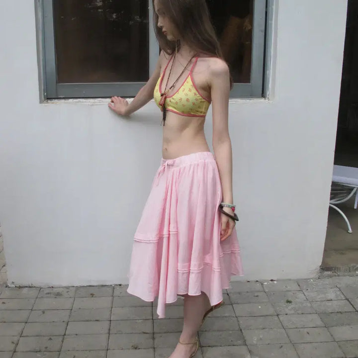[BUNJANG] DKZ Pink Ribbon Bending Cotton Midi Skirt / DKZ  핑크 리본 밴딩 언발 코튼 미디 스커트