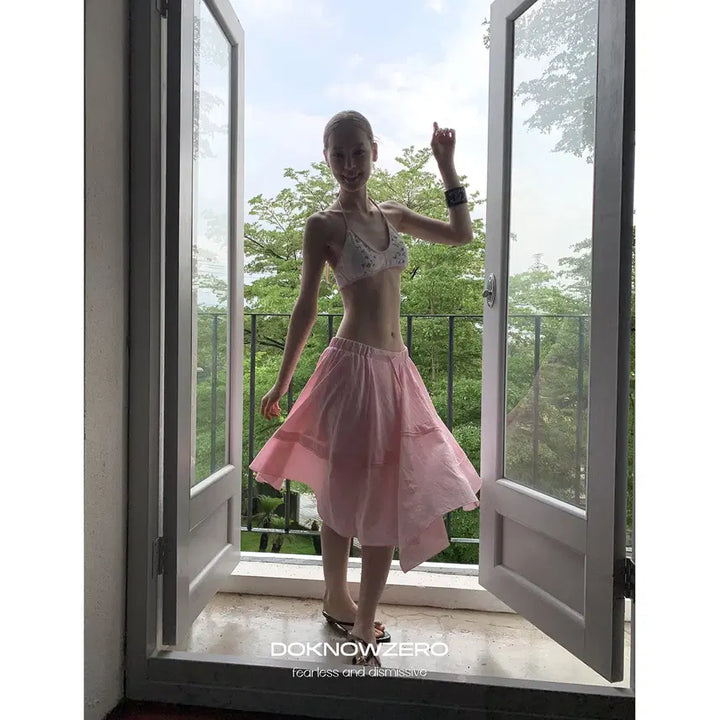 [BUNJANG] DKZ Pink Ribbon Bending Cotton Midi Skirt / DKZ  핑크 리본 밴딩 언발 코튼 미디 스커트
