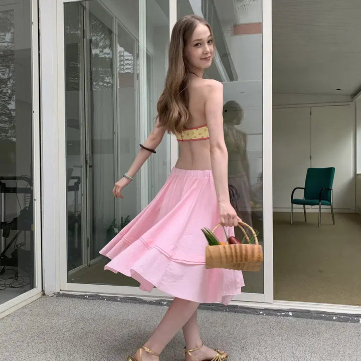 [BUNJANG] DKZ Pink Ribbon Bending Cotton Midi Skirt / DKZ  핑크 리본 밴딩 언발 코튼 미디 스커트