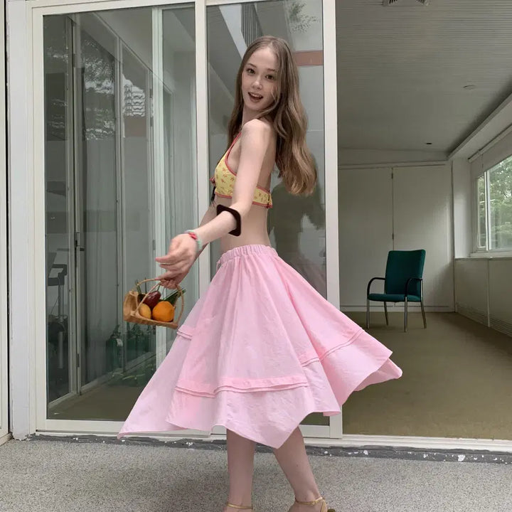 [BUNJANG] DKZ Pink Ribbon Bending Cotton Midi Skirt / DKZ  핑크 리본 밴딩 언발 코튼 미디 스커트