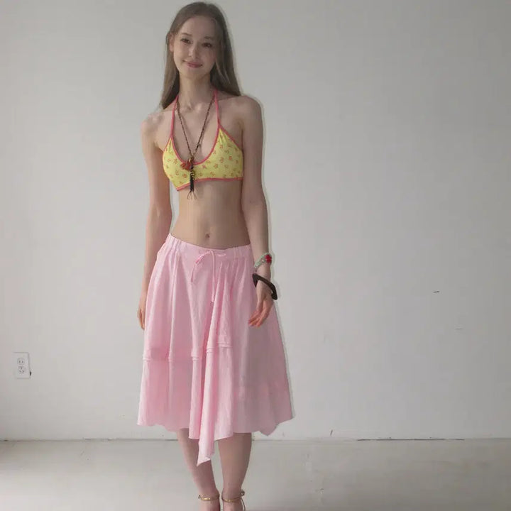 [BUNJANG] DKZ Pink Ribbon Bending Cotton Midi Skirt / DKZ  핑크 리본 밴딩 언발 코튼 미디 스커트