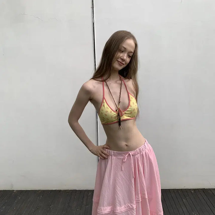 [BUNJANG] DKZ Pink Ribbon Bending Cotton Midi Skirt / DKZ  핑크 리본 밴딩 언발 코튼 미디 스커트