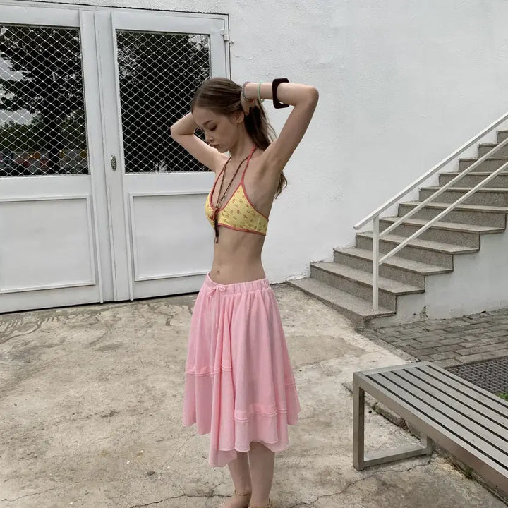 [BUNJANG] DKZ Pink Ribbon Bending Cotton Midi Skirt / DKZ  핑크 리본 밴딩 언발 코튼 미디 스커트