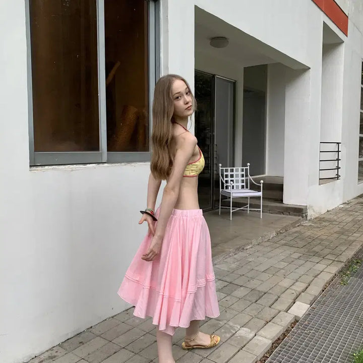 [BUNJANG] DKZ Pink Ribbon Bending Cotton Midi Skirt / DKZ  핑크 리본 밴딩 언발 코튼 미디 스커트