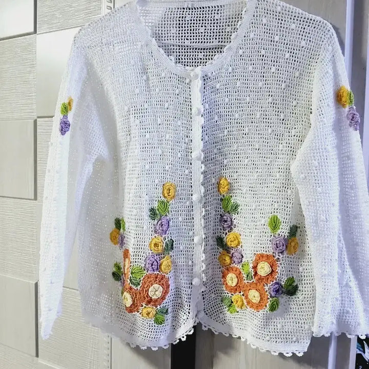 [BUNJANG] White Flower Crochet Knit Cardigan / 화이트 플라워 크로셰 손뜨개 가디건