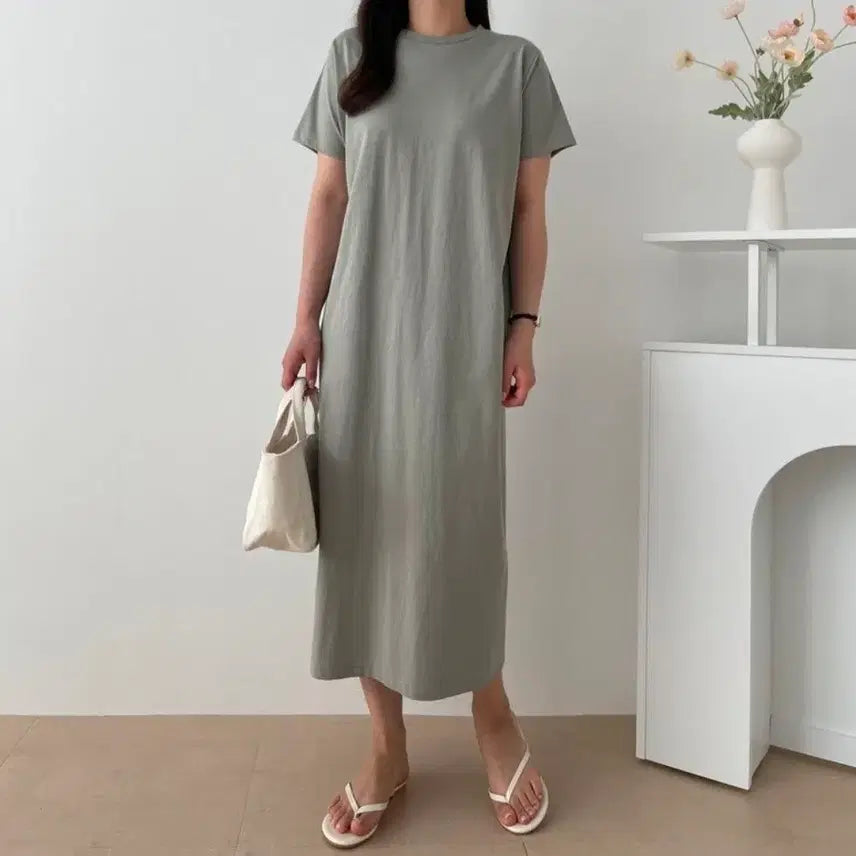 [BUNJANG] Short Sleeve Open Back Long Dress / 반팔 뒷 트임 롱원피스