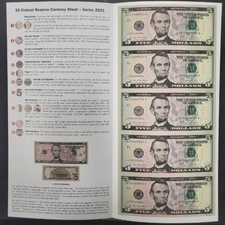 [BUNJANG] US 5 Dollar Uncut Sheet (5 Connected Bills) Unused Sealed / 미국 5달러 언컷시트 (5연결권)미사용 미개봉