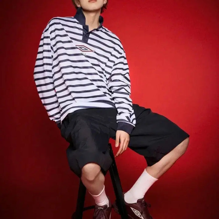 [SOLD OUT] [Umbro X Asahi Hamada] 스트라이프 저지 카라 티셔츠 S
