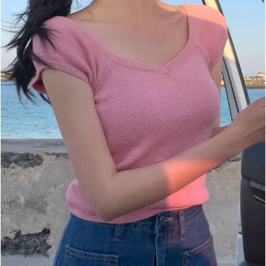 [BUNJANG] Square Neck Cap Sleeve T-Shirt Knit Summer Knit / 새상품 / 스퀘어 캡소매 반팔니트 여름니트