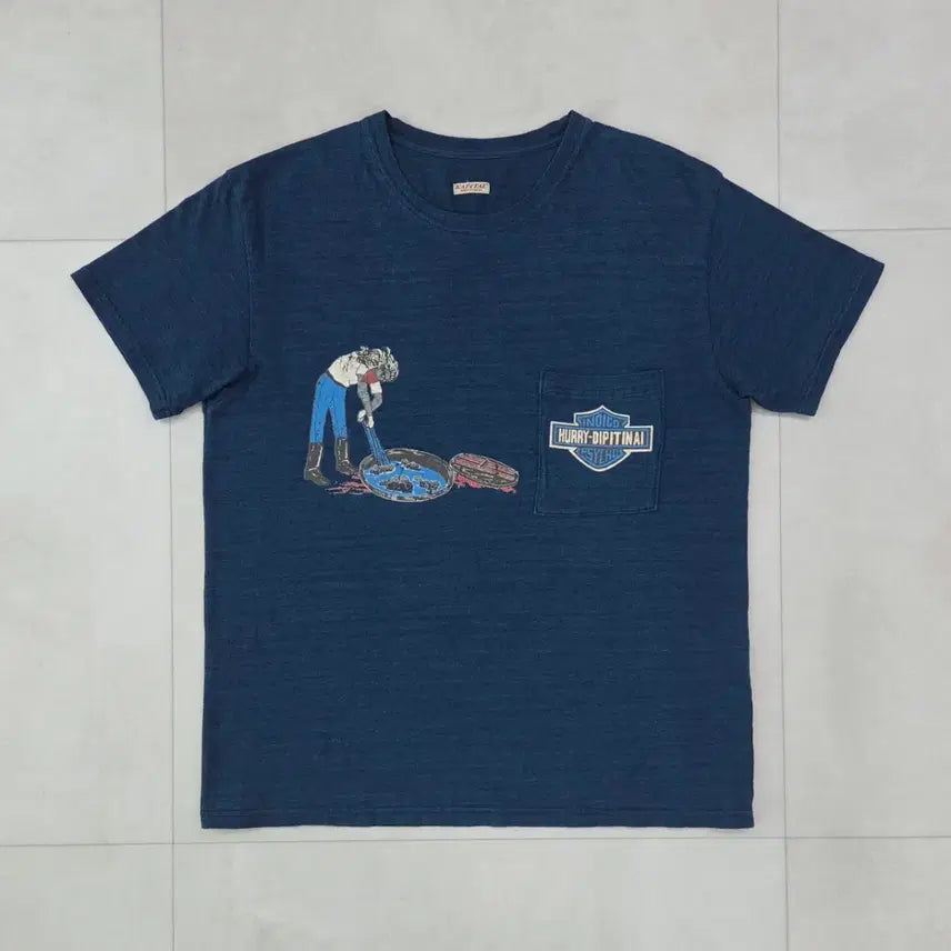 [BUNJANG] KAPITAL Harley Davidson Indigo Pocket T-Shirt / [4] 캐피탈 할리데이비슨 천축 반팔 티셔츠