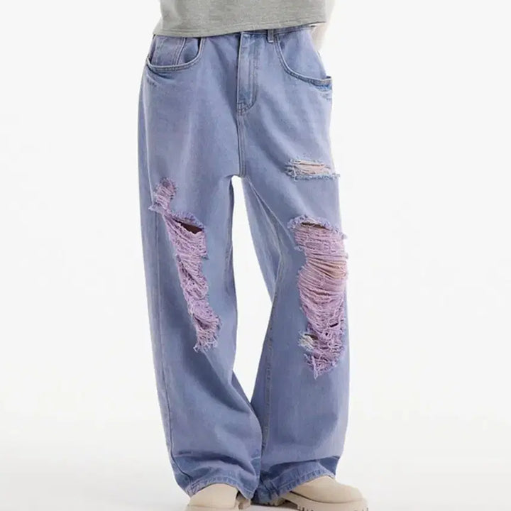 [BUNJANG] Unique Ripped Wide Leg Denim Jeans / 찟청 와이드 데님