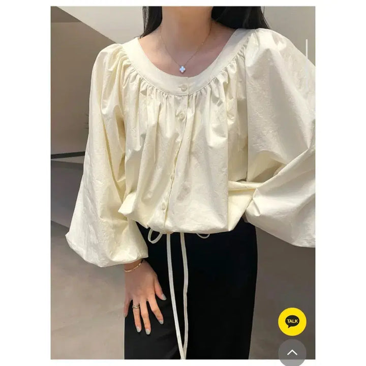 [BUNJANG] Fringe Volume String Blouse - Ivory / 프린지 볼륨 스트링 블라우스 - 아이보리