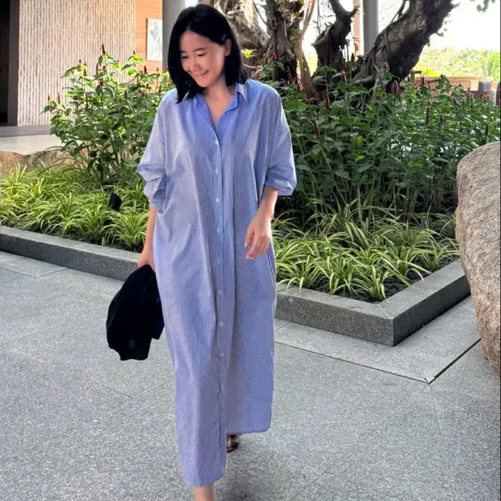 [BUNJANG] Story Nine Stripe Shirt Dress - Navy / 스토리나인 스트라이프 셔츠 원피스 - 네이비