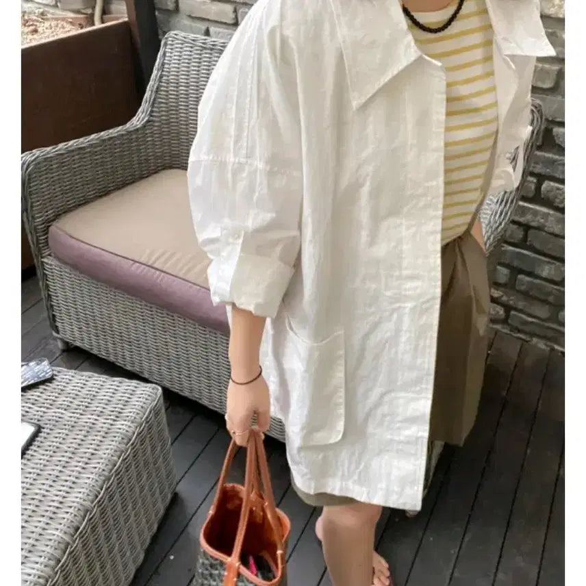 [BUNJANG] Candy Glow Roll-Up Shirt Jacket - Ivory, Free Size / 캔디글로우 롤업 셔츠 자켓 - 아이보리,프리