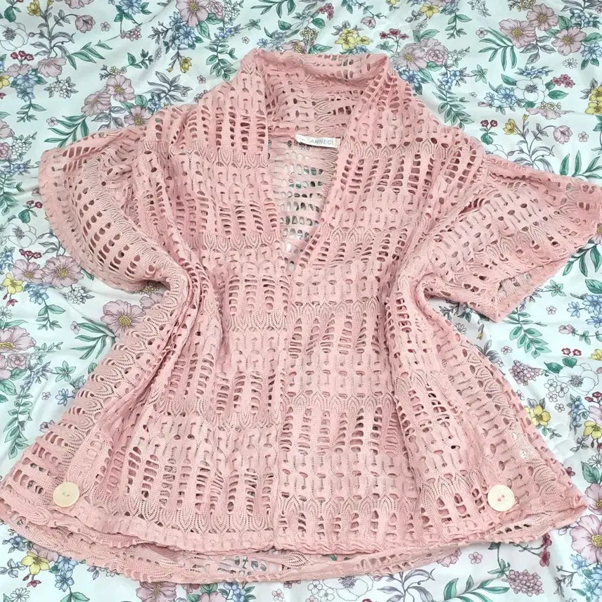 [BUNJANG] Vintage Japanese Pink Layered Punch Knit Top / 일본빈티지)핑크 레이어드 여름니혼진너드모리걸 펀칭 그물니트 반팔슬리브