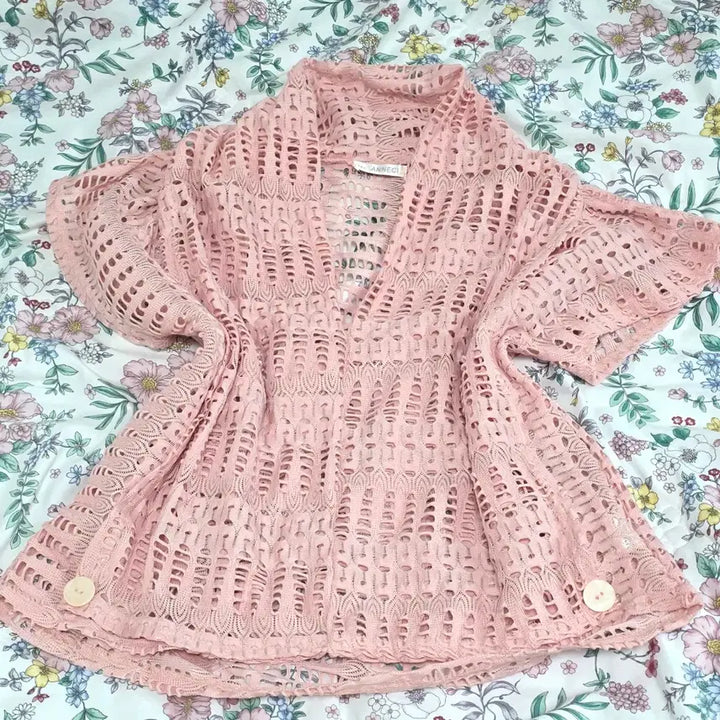 [BUNJANG] Vintage Japanese Pink Layered Punch Knit Top / 일본빈티지)핑크 레이어드 여름니혼진너드모리걸 펀칭 그물니트 반팔슬리브