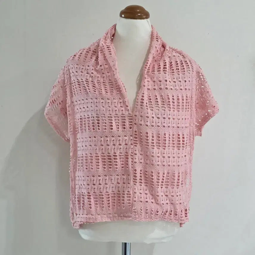 [BUNJANG] Vintage Japanese Pink Layered Punch Knit Top / 일본빈티지)핑크 레이어드 여름니혼진너드모리걸 펀칭 그물니트 반팔슬리브