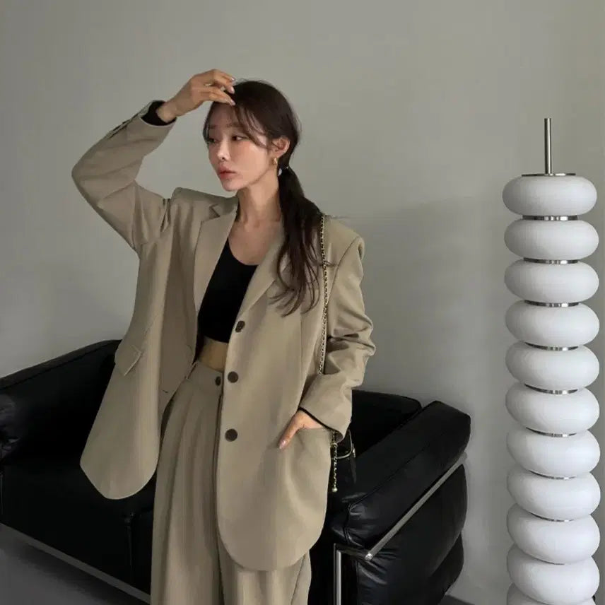 [BUNJANG] Deep Beige Oversized Jacket and Wide Pants Set / 딥베이지 자켓/팬츠 셋업 <1회착용 거의새옷>