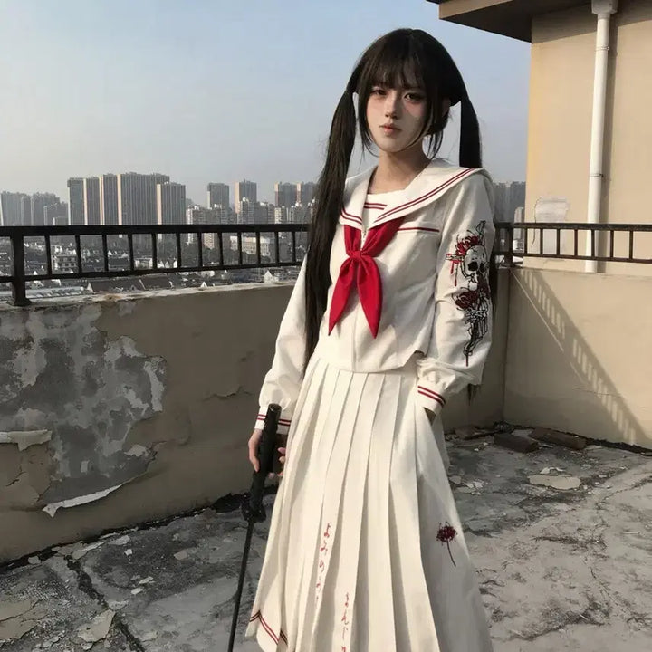 [BUNJANG] Gothic Dark School Uniform Set with Red Embroidery (2 Colors) / 서브컬처 고딕 다크 학교룩 붉은 자수 세라복 세트(2컬러)
