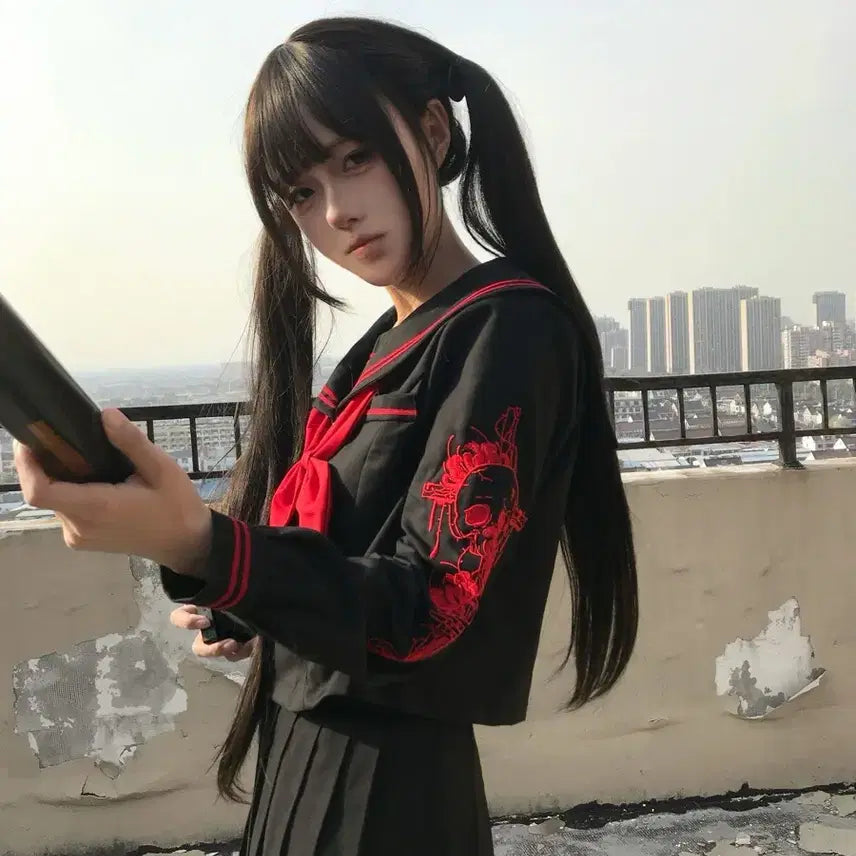[BUNJANG] Gothic Dark School Uniform Set with Red Embroidery (2 Colors) / 서브컬처 고딕 다크 학교룩 붉은 자수 세라복 세트(2컬러)
