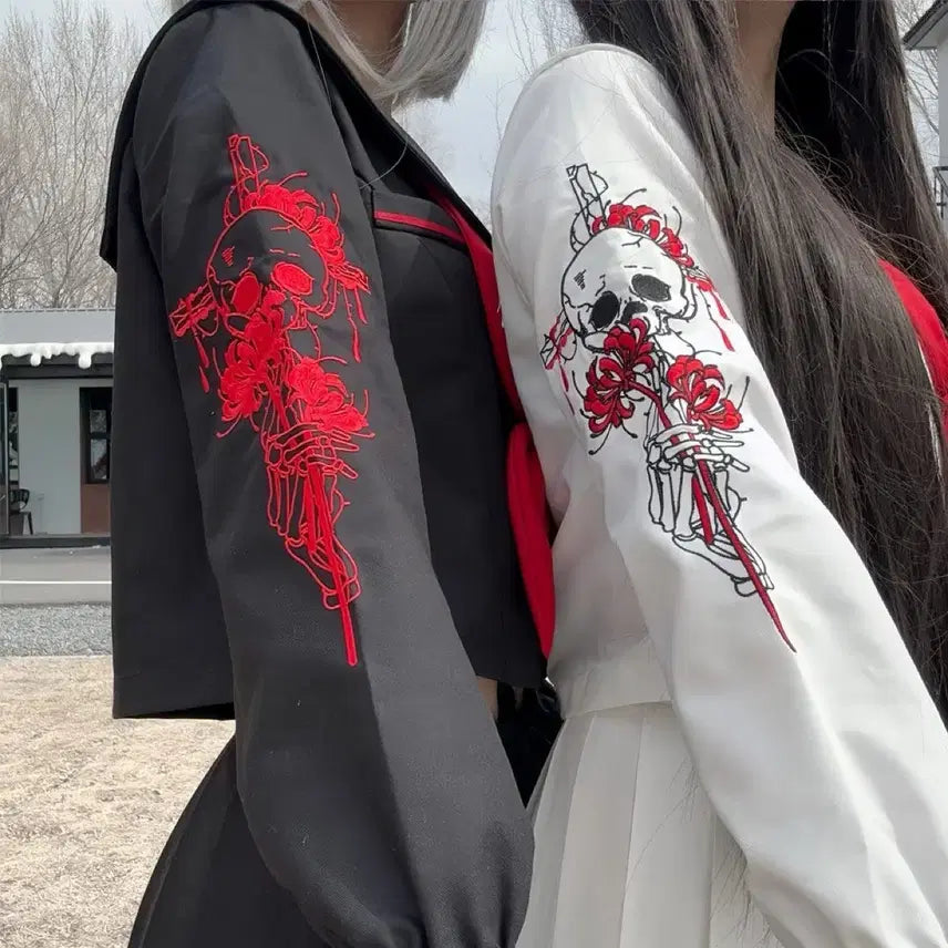 [BUNJANG] Gothic Dark School Uniform Set with Red Embroidery (2 Colors) / 서브컬처 고딕 다크 학교룩 붉은 자수 세라복 세트(2컬러)