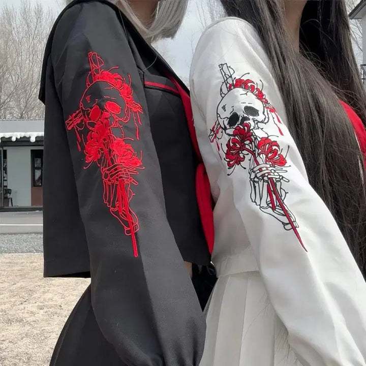 [BUNJANG] Gothic Dark School Uniform Set with Red Embroidery (2 Colors) / 서브컬처 고딕 다크 학교룩 붉은 자수 세라복 세트(2컬러)