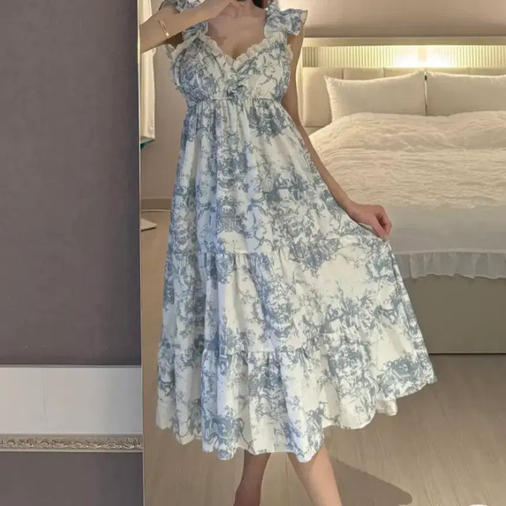 [BUNJANG] Twal Frill Lace Sleeveless Pajama Dress / 트왈 프릴 레이스 민소매 원피스 잠옷 홈웨어 파자마