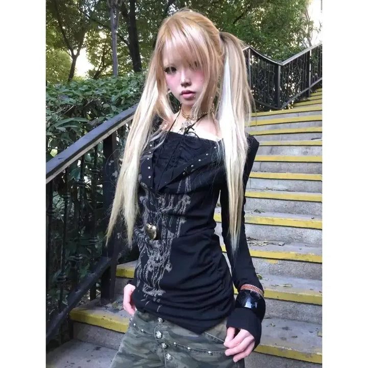 [BUNJANG] Gothic Punk Scratch Print Long T-Shirt / 고딕 펑크 스크래치 프린트 롱티셔츠