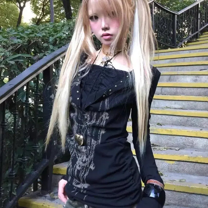 [BUNJANG] Gothic Punk Scratch Print Long T-Shirt / 고딕 펑크 스크래치 프린트 롱티셔츠