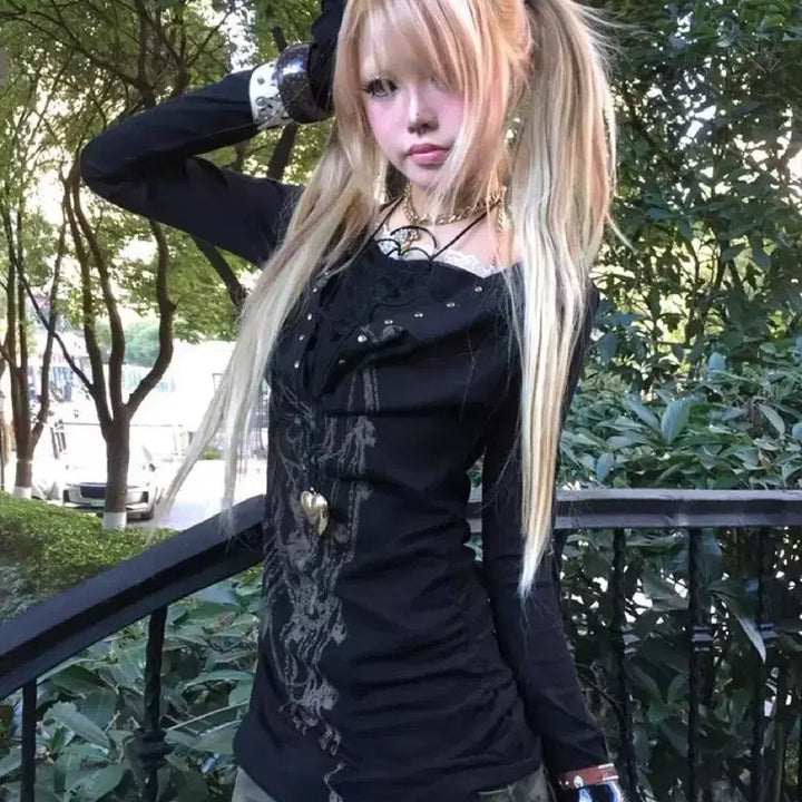 [BUNJANG] Gothic Punk Scratch Print Long T-Shirt / 고딕 펑크 스크래치 프린트 롱티셔츠